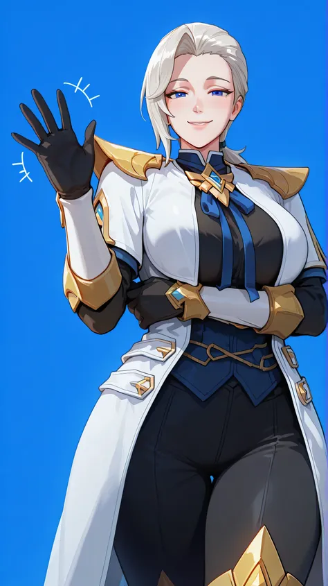 Silvanna base,a mature woman,blue eyes,light blond hair,long haircut,low ponytail,side bangs,Long white gabardine coat with gold details,golden shoulder pads decorated with sharp tips,black shirt,blue bow, open coat,Gloves, black sleeves with gold trim,tig...