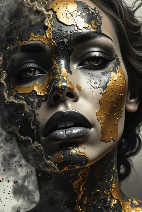 photorealistic, hyper detailed female face of smoke and black, gray, and bronze color. Added in a style reference, a composition reference, Hyper realistic, splash images, splattering, Fauvism, Geometric, Marble. 