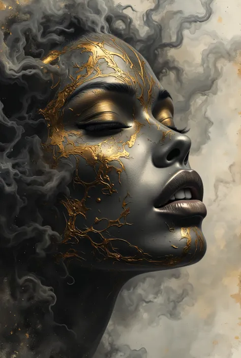 photorealistic, hyper detailed female face of smoke and black, gray, and bronze color. Added in a style reference, a composition reference, Hyper realistic, splash images, splattering, Fauvism, Geometric, Marble. 