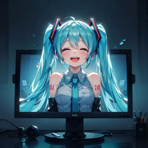 upper body of Hatsune Miku, emerging three-dimensionally from a monitor into the real world, cheerfully singing, bursting joyful smile, musical notes, many musical notes 