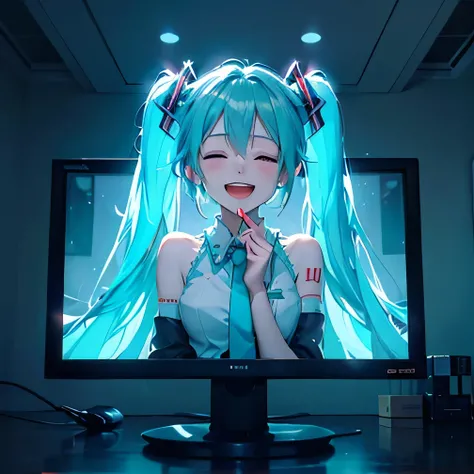 upper body of Hatsune Miku, emerging three-dimensionally from a glowing monitor into the real world, closed eyes, cheerfully singing with a bursting joyful smile, many floating musical notes, warm ambient indoor lighting, soft shadows, gentle glow from a c...