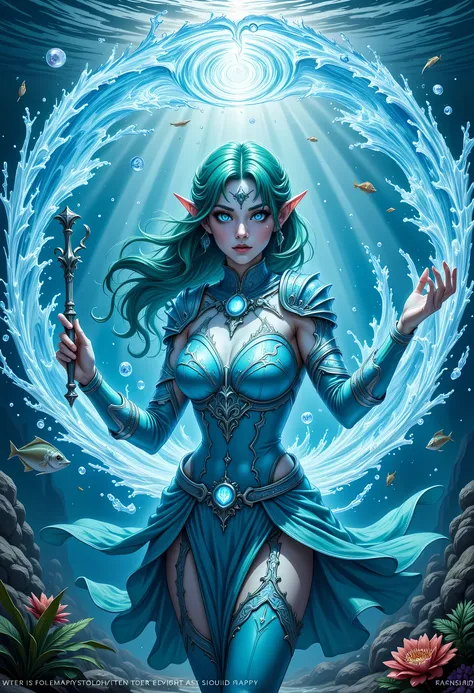  a picture of a sea elf, a water mage casting ((water control spell)), water wizard ((water magic, intense magic details)), controlling a swirling mass of water, magical symbols, female sea elf, blue skin, green hair, long hair, swirling hair, intense eyes...