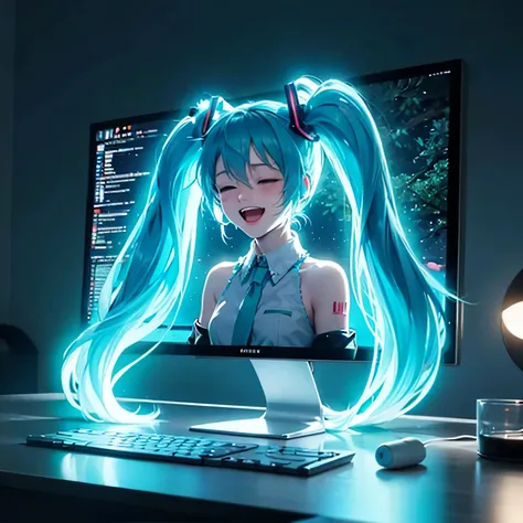 upper body of Hatsune Miku, emerging three-dimensionally from a glowing monitor into the real world, closed eyes, cheerfully singing with a bursting joyful smile, room lighting