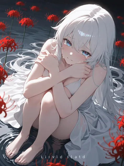 masterpiece:1.2, best quality, ultra-detailed, super_detail, finely_detailed, perfect_anatomy, 1girl, long white hair, tearful eyes, ((crying:1.3)), sad expression, emotional vulnerability, white one-piece dress, barefoot, curled posture, knees to chest, (...