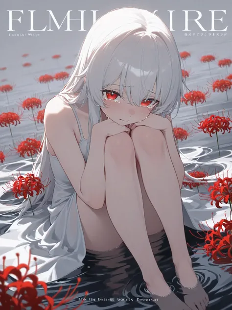 masterpiece:1.2, best quality, ultra-detailed, super_detail, finely_detailed, perfect_anatomy, 1girl, long white hair, tearful eyes, ((crying:1.3)), sad expression, emotional vulnerability, white one-piece dress, barefoot, curled posture, knees to chest, (...