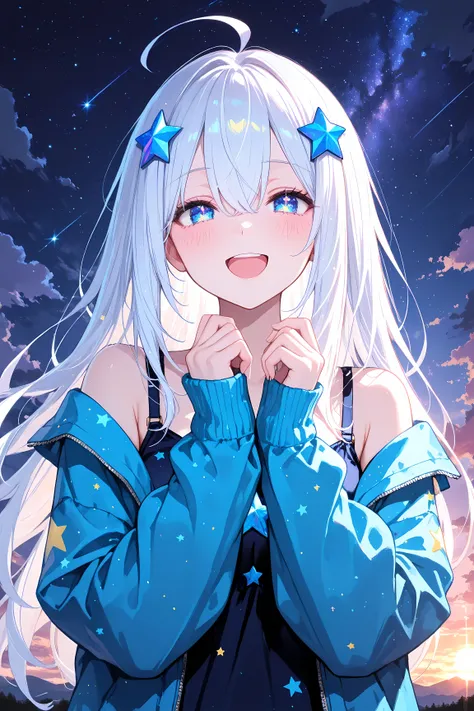 masterpiece, best quality, amazing quality, 1girl, solo, sky, outdoors, long_hair, blue_eyes, smile, star_(sky), bangs, hair_ornament, star_(symbol), starry_sky, open_mouth, looking_at_viewer, cloud, hair_between_eyes, white_hair, :d, blush, long_sleeves, ...