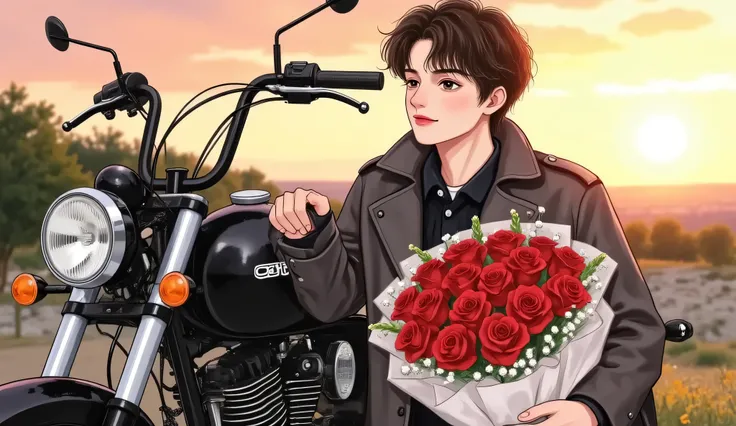 handsome bad boy in school uniform leaning against a modified black motorcycle, holding a bouquet of red roses, sunset light, confident smirk, manhwa semi-realistic style, douyin makeup, soft lighting, male portrait, blurred school dormitory background