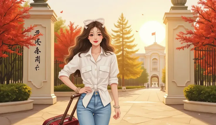 smart, elegant girl in white shirt and jeans pulling suitcase under golden sunlight, standing at Tsinghua University gate, smiling confidently, manhwa semi-realistic portrait, douyin makeup, backlight effect, soft glowing leaves