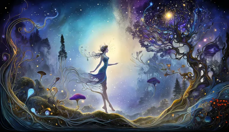 Mesmerizing celestial entity with flowing hair like nebula clouds transforming into constellation of fireflies, cosmic energy tendrils connecting her dissipating form to universe, awestruck mortal botanist witnessing the transformation with scientific jour...