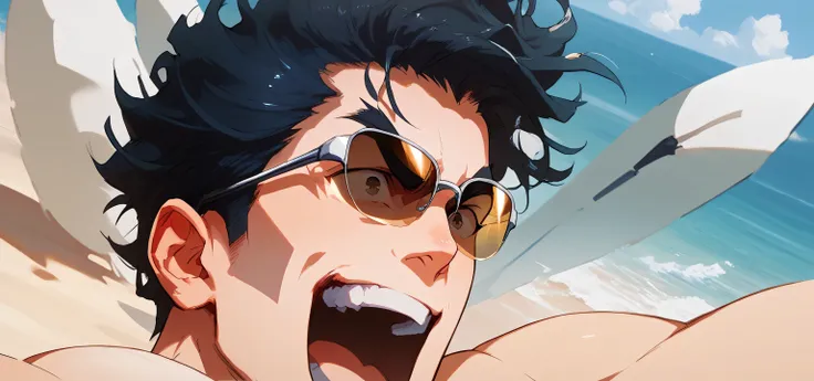 A  musuclar man ,  closeup portrait, he is grinning with excitement, short black hair,  wearing sunglasses, shirtless, excited expression, detailed, Masterpiece,  beach background,  side profile
