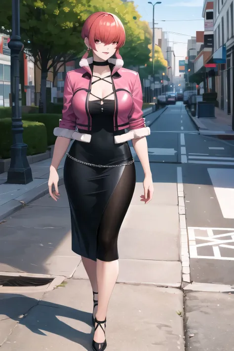 masterpiece, Highest Quality, high definition, she1, hair above eyes, twin tails, pink jacket, Chest, Fur Trim, Black Dress, earrings, gem,  Outdoors, street, walk
