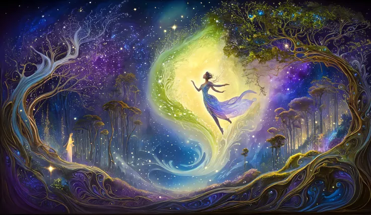 Ethereal celestial woman transforming into glowing firefly, mystical twilight forest clearing, cosmic energy swirling around her body, forbidden romance with awestruck mortal man watching, enchanted ancient forest with luminous flora, magical bioluminescen...