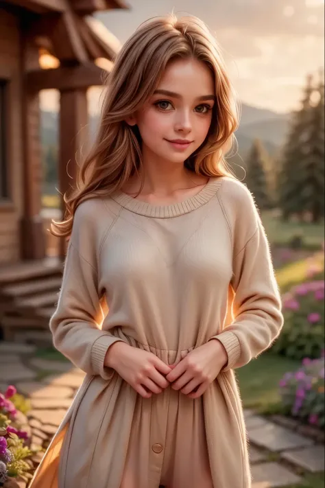 warm, golden light, illuminates, detailed, face, serene, expression, gentle, smile, calm, peaceful, 4k, high resolution, photorealistic, stunning, dramatic, cinematic, soft, glowing, natural lighting, idyllic, landscape, scenic, outdoor, countryside, rolli...