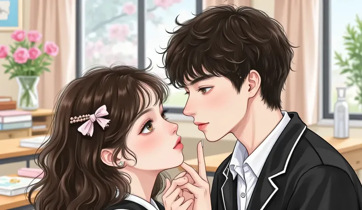 confident high school girl with intense gaze facing a glamorous rich girl, both in school uniforms, classroom background, douyin eye makeup, elegant and sharp facial features, manhwa semi-realistic portrait, tense confrontation