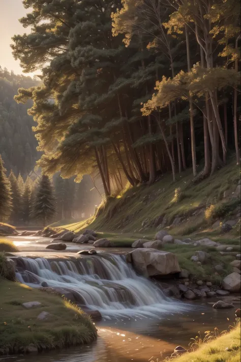 a warm, golden light illuminates a lush, verdant landscape, with rolling hills, towering trees, and a winding river cutting through the scene, the sunlight casting a soft, ethereal glow over the entire vista, creating a serene and tranquil atmosphere, with...