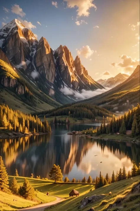 A warm, golden light illuminates a serene landscape, with rolling hills, lush greenery, and a tranquil lake reflecting the glowing sky. In the distance, a majestic mountain range stands tall, its peaks bathed in the soft, golden glow. The scene is peaceful...