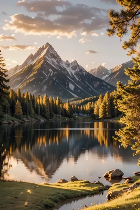 A warm, golden light illuminates a serene landscape, with rolling hills, lush greenery, and a tranquil lake reflecting the glowing sky. In the distance, a majestic mountain range stands tall, its peaks bathed in the soft, golden glow. The scene is peaceful...