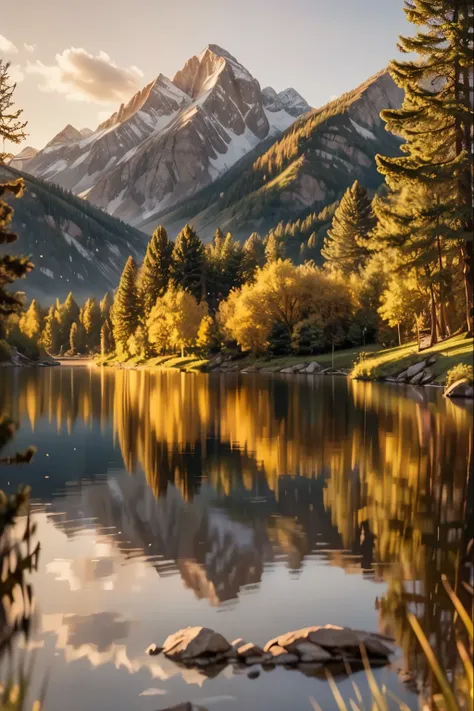 A warm, golden light illuminates a serene landscape, with rolling hills, lush greenery, and a tranquil lake reflecting the glowing sky. In the distance, a majestic mountain range stands tall, its peaks bathed in the soft, golden glow. The scene is peaceful and idyllic, inviting the viewer to bask in the warmth and beauty of the natural world.warm,golden_light,serene_landscape,rolling_hills,lush_greenery,tranquil_lake,reflecting_sky,majestic_mountain_range,distant_peaks,bathed_in_soft_glow,peaceful_idyllic_scene,natural_world