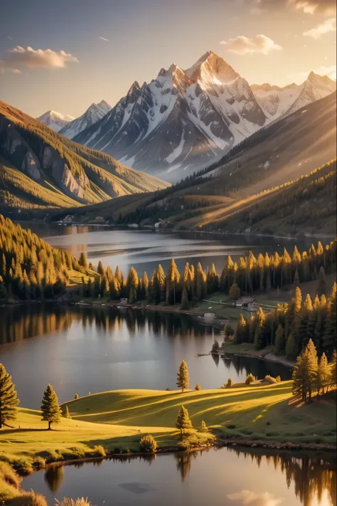 A warm, golden light illuminates a serene landscape, with rolling hills, lush greenery, and a tranquil lake reflecting the glowing sky. In the distance, a majestic mountain range stands tall, its peaks bathed in the soft, golden glow. The scene is peaceful...