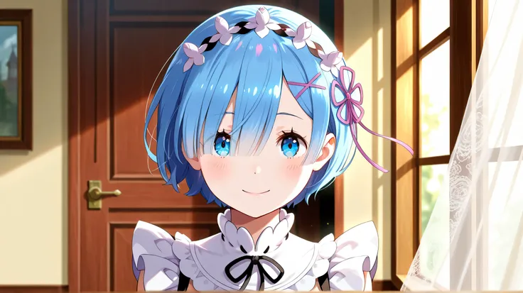 1girl, Rem \(Re:zero \), Roswall mansion maid shape, inside, standing next to the large wooden window frames, Lace curtains sway in the wind, soft sunlight enters the room through light curtains and illuminates it, backlight, from the front, looks at the v...