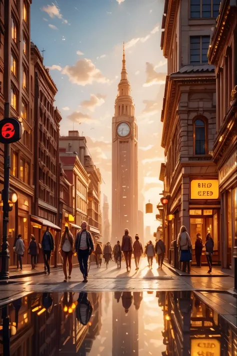 a warm, golden light illuminates a city, cityscape, ornate architecture, towering skyscrapers, bustling streets, people walking, cars driving, neon signs, reflections in puddles, soft bokeh, 4K, ultra-detailed, photorealistic, professional, dramatic lighti...