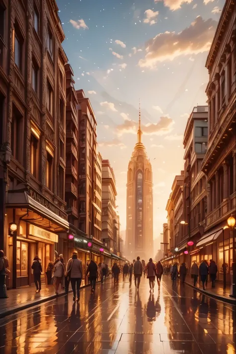 a warm, golden light illuminates a city, cityscape, ornate architecture, towering skyscrapers, bustling streets, people walking, cars driving, neon signs, reflections in puddles, soft bokeh, 4K, ultra-detailed, photorealistic, professional, dramatic lighti...