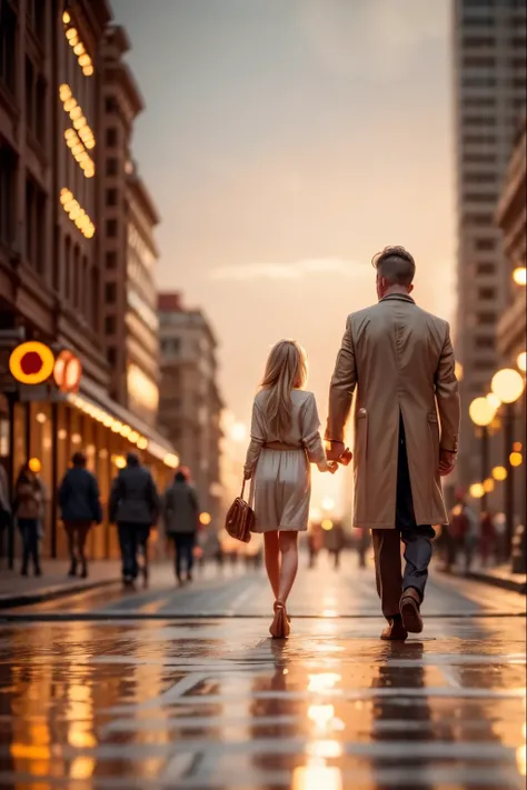 a warm, golden light illuminates a city, cityscape, ornate architecture, towering skyscrapers, bustling streets, people walking, cars driving, neon signs, reflections in puddles, soft bokeh, 4K, ultra-detailed, photorealistic, professional, dramatic lighti...