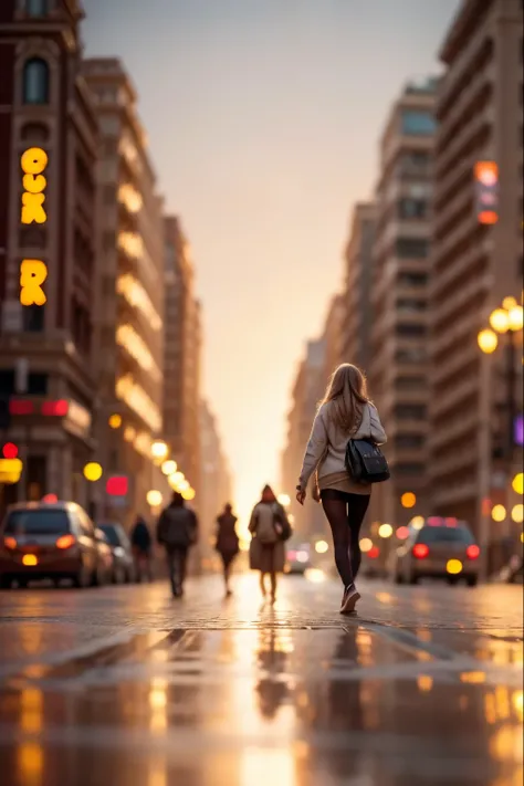 a warm, golden light illuminates a city, cityscape, ornate architecture, towering skyscrapers, bustling streets, people walking, cars driving, neon signs, reflections in puddles, soft bokeh, 4K, ultra-detailed, photorealistic, professional, dramatic lighti...