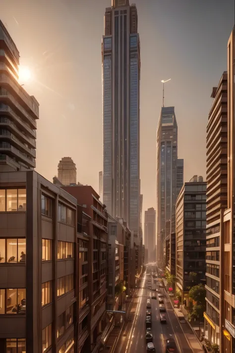 a warm, golden light illuminates a city, cityscape, modern architecture, skyscrapers, high-rise buildings, busy streets, people walking, cars driving, detailed, cinematic lighting, dramatic, photorealistic, 4k, studio lighting, high-resolution, volumetric ...
