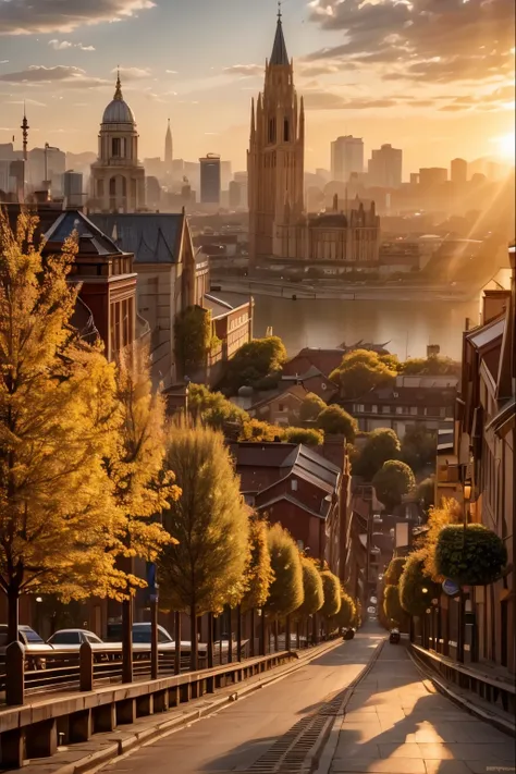 A warm , golden light illuminates a city