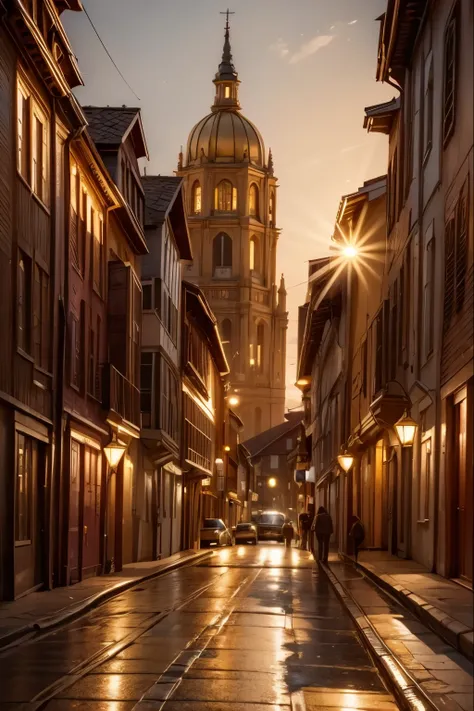 A warm , golden light illuminates a city