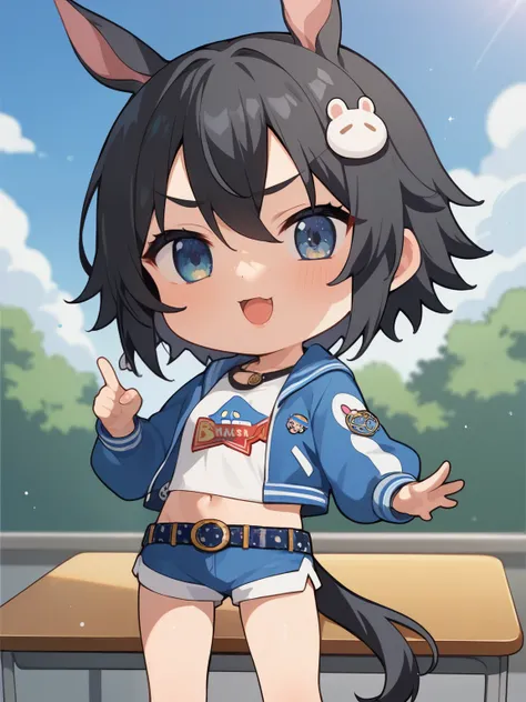 score_9, score_8_up, score_7_up, source_anime break，( Chibi Girl:1.5)、masterpiece, Highest Quality, very aesthetic, wacky clothes, 1 girl on break day, short，Petite， shape，flat chested，solo, kbyoung, Horse Girl, majiriwei，black hair, hair ornament, jacket, printed shirt, belt, shorts, Classroom, completely naked，Kyoani Style，glitter，