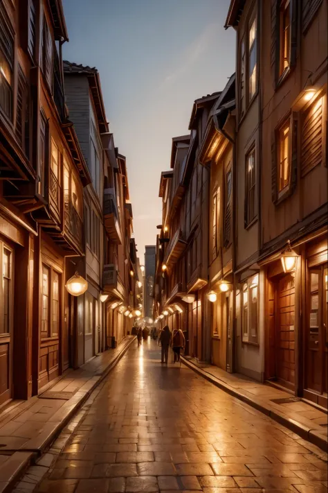 A warm , golden light illuminates a city