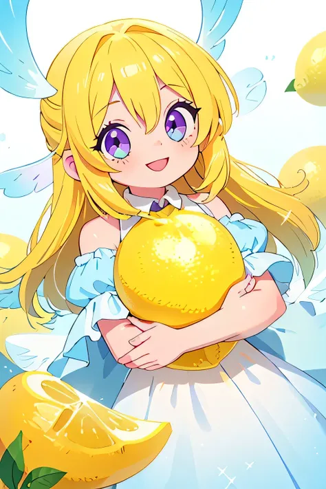 (main part, Best quality at best:1.2), Sparkling and sparking highlights in their eyes, curious expressions,1 girl, Yellow hair color, blue inner color design on collar. Angel rings. Angel. Sparkling eyes. big white hair, a purple eye, An innocent and happ...