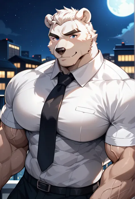(Best quality),(materpiece), (Bara), (furry), ((Muscular polar bear in tight white shirt and tie, along with a fancy black suit)), on the roof top of a building at night, (sexy), handsome, ((portrait)), (huge muscular pec),(anime style),(veiny arm),(cute)