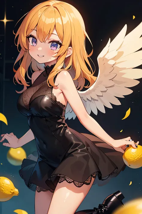 (main part, best quality: 1.2), sparkling eye highlights, curious expression, one girl, yellow long hair color. Angel ring. Sparkling eyes. Purple eyes, lemon, lemons, dancing, fun, black angel wings, fallen angel, fallen angel, black dress with black Leat...
