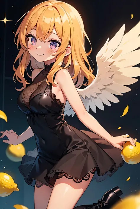 (main part, best quality: 1.2), sparkling eye highlights, curious expression, one girl, yellow long hair color. Angel ring. Sparkling eyes. Purple eyes, lemon, lemons, dancing, fun, black angel wings, fallen angel, fallen angel, black dress with black Leat...