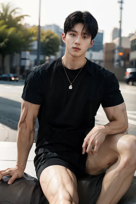 highest resolution, high resolution, 8k,male,muscular, kpop idol, handsome,black shirts, trendy hairstyle, trendy outfits, stylish outfit, thick thighs, realistic, masterpiece, Extreme Details, HDR, Ultra High Definition, extremely detailed pictures, phys...