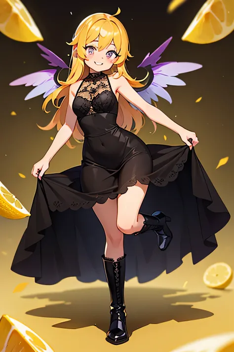 fullbody, fullbody, (main part, best quality: 1.2), sparkling eye highlights, curious expression, one girl, yellow hair color. Angel ring. Sparkling eyes. Purple eyes, lemon, lemons, dancing, fun, black angel wings, fallen angel, fallen angel, black dress...