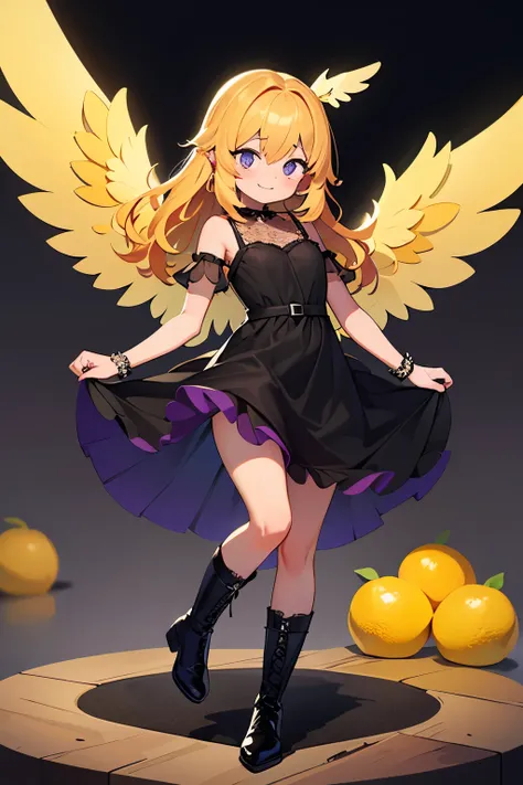 fullbody, fullbody, (main part, best quality: 1.2), sparkling eye highlights, curious expression, one girl, yellow hair color. Angel ring. Sparkling eyes. Purple eyes, lemon, lemons, dancing, fun, black angel wings, fallen angel, fallen angel, black dress...