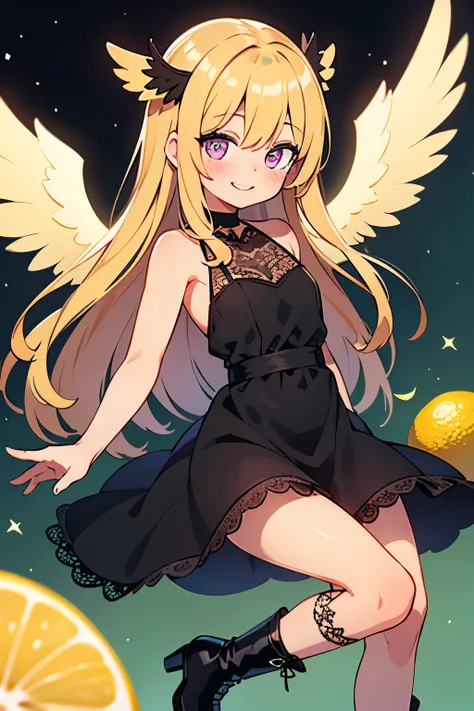 (main part, best quality: 1.2), sparkling eye highlights, curious expression, one girl, yellow long hair color. Angel ring. Sparkling eyes. Purple eyes, lemon, lemons, dancing, fun, black angel wings, fallen angel, fallen angel, black dress with delicate l...