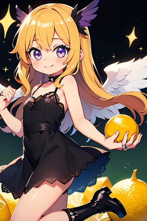 (main part, best quality: 1.2), sparkling eye highlights, curious expression, one girl, yellow long hair color. Angel ring. Sparkling eyes. Purple eyes, lemon, lemons, dancing, fun, black angel wings, fallen angel, fallen angel, black dress with delicate l...