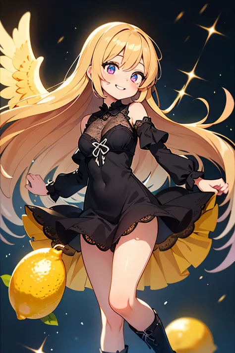 (main part, best quality: 1.2), sparkling eye highlights, curious expression, one girl, yellow long hair color. Angel ring. Sparkling eyes. Purple eyes, lemon, lemons, dancing, fun, black angel wings, fallen angel, fallen angel, black dress with delicate l...