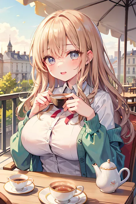 Highest Quality、high definition、(high image quality:1.3)、masterpiece、iPhone camera-style portrait photo、Soft background blur 、(Highly Detailed Faces:1.3)、(detailed eyes:1.3)、age beauty、anatomically correct、huge breasts、 Normal number of fingers 、

(Woman enjoying tea time on the terrace of a French cafe:1.5)、

white sheer blouse and pink floral midi skirt、with loose, wavy hair、wearing a light cardigan on her shoulders、Soft spring sunshine、Light Pastel Colors、romantic and gentle atmosphere、cute