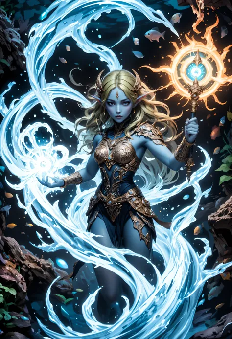 a picture of a sea elf, a water mage casting ((water control spell)), water wizard ((water magic, intense magic details)), controlling a swirling mass of water, magical symbols, female sea elf, blue skin, green hair, long hair, swirling hair, intense eyes...
