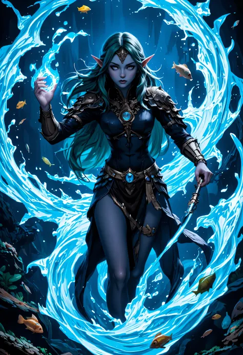 a picture of a sea elf, a water mage casting ((water control spell)), water wizard ((water magic, intense magic details)), controlling a swirling mass of water, magical symbols, female sea elf, blue skin, green hair, long hair, swirling hair, intense eyes...