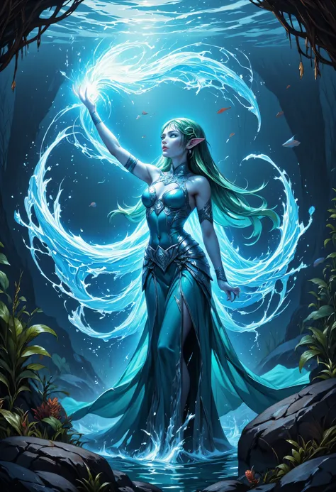  a picture of a sea elf, a water mage casting ((water control spell)), water wizard ((water magic, intense magic details)), controlling a swirling mass of water, magical symbols, female sea elf, blue skin, green hair, long hair, swirling hair, intense eyes...