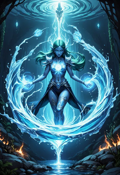  a picture of a sea elf, a water mage casting ((water control spell)), water wizard ((water magic, intense magic details)), controlling a swirling mass of water, magical symbols, female sea elf, blue skin, green hair, long hair, swirling hair, intense eyes...