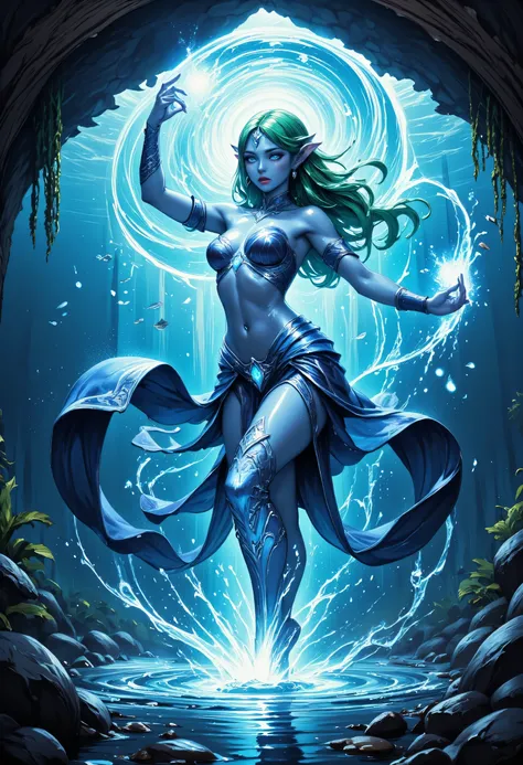 a picture of a sea elf, a water mage casting ((water control spell)), water wizard ((water magic, intense magic details)), controlling a swirling mass of water, magical symbols, female sea elf, blue skin, green hair, long hair, swirling hair, intense eyes...