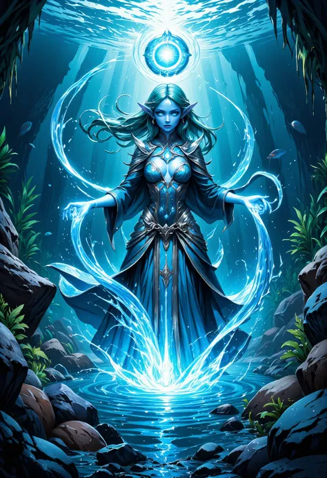 a picture of a sea elf, a water mage casting ((water control spell)), water wizard ((water magic, intense magic details)), controlling a swirling mass of water, magical symbols, female sea elf, blue skin, green hair, long hair, swirling hair, intense eyes...